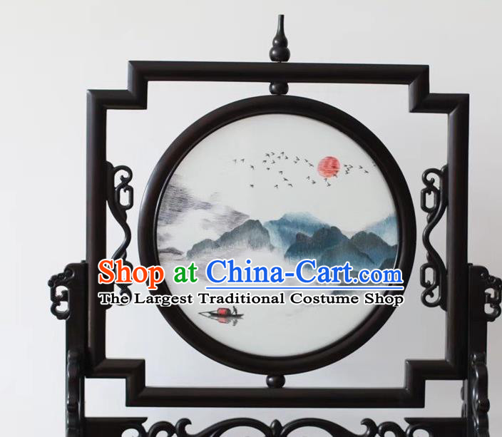 China Suzhou Embroidered Byobu Traditional Embroidery Ornaments Craft Handmade Screen Sunset Glow Painting Desk Screen