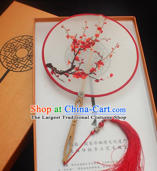 China Embroidery Red Plum Blossom Double Side Fan Traditional Embroidered Palace Fan Handmade Princess Silk Fans