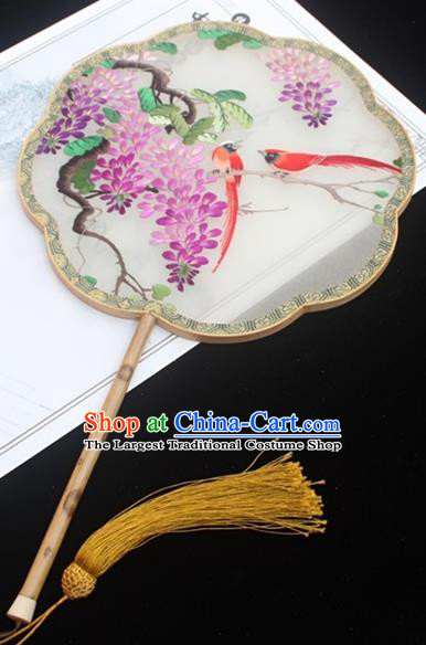 China Classical White Silk Fan Handmade Double Side Embroidered Fan Traditional Court Princess Fans Embroidery Wisteria Palace Fan