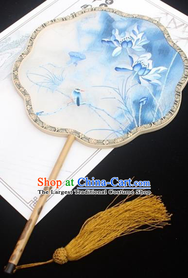 China Traditional Court Princess Fans Classical Silk Fan Handmade Double Side Embroidered Fan Embroidery Blue Lotus Palace Fan