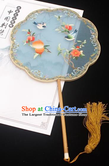 China Classical Blue Silk Palace Fan Handmade Embroidery Fan Traditional Court Fan Double Side Embroidered Fan