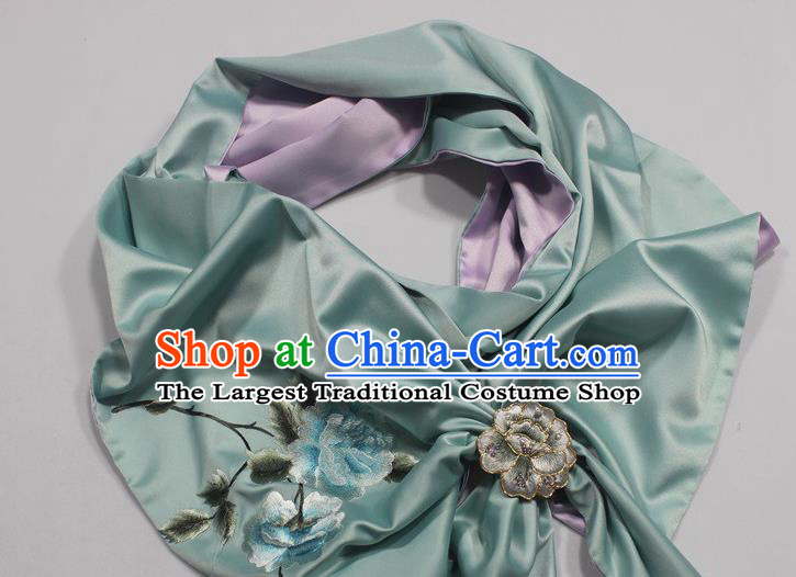 Top Grade Embroidered Peony Blue Silk Tippet Chinese Traditional Cheongsam Scarf Accessories with Brooch