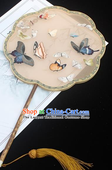 China Classical Beige Silk Palace Fan Traditional Court Fan Double Side Embroidered Fan Handmade Embroidery Butterfly Fan