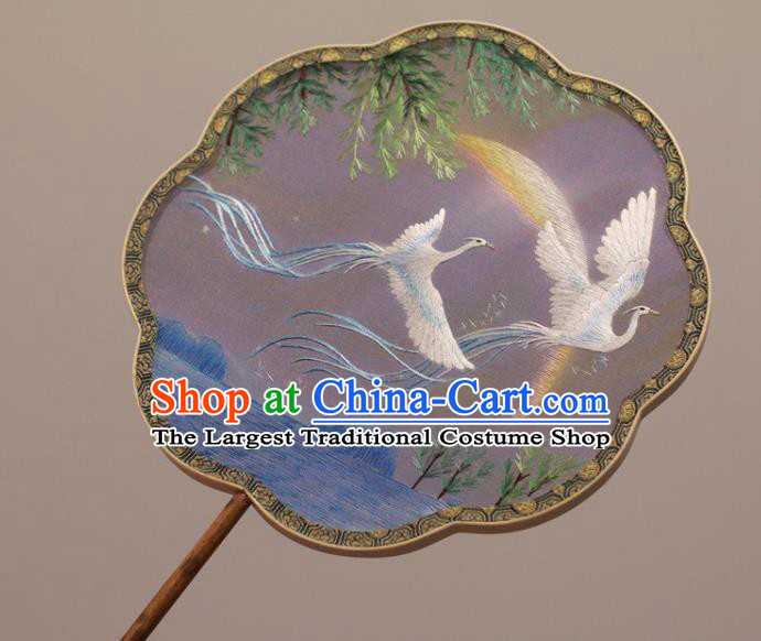 China Traditional Court Fan Double Side Embroidered Fan Handmade Embroidery White Phoenix Fan Classical Silk Palace Fan