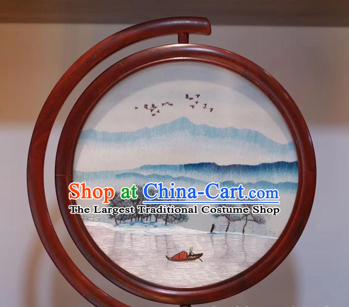 Traditional China Handmade Rosewood Carving Table Decoration Desk Screen Embroidered Paysage Painting Craft