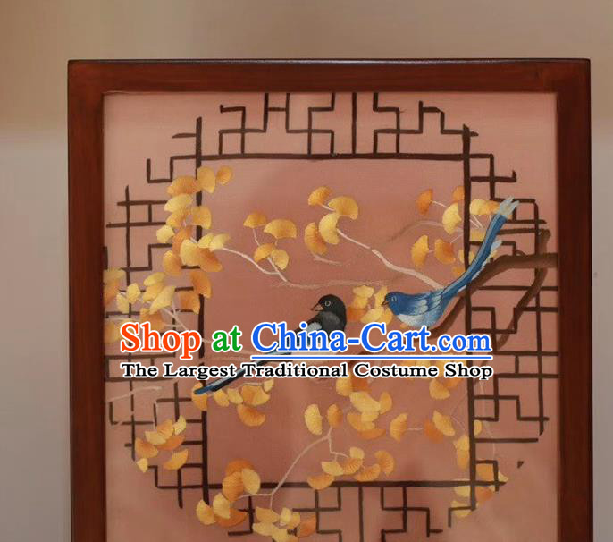 Traditional China Embroidery Ginkgo Leaf Birds Desk Screen Handmade Rosewood Table Decoration Wedding Craft