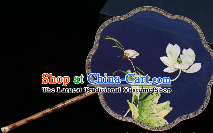 Navy Silk Fan China Traditional Handmade Embroidered Palace Fan Classical Dance Embroidery Lotus Fan