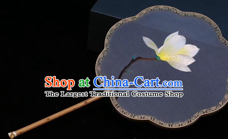 Blue Silk Fan China Traditional Handmade Embroidered Palace Fan Classical Dance Embroidery Yulan Magnolia Fan