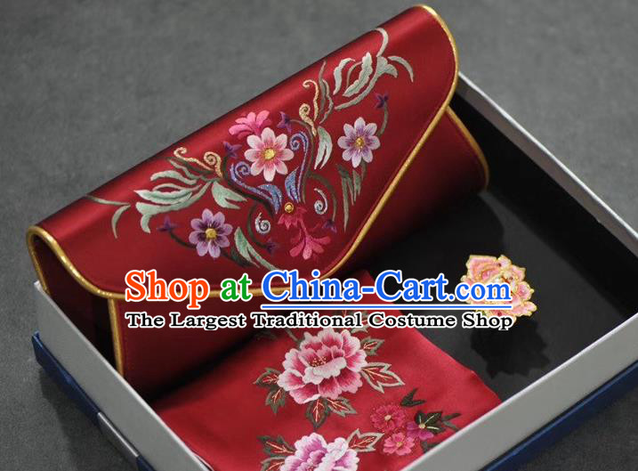 Chinese Traditional Suzhou Embroidery Accessories Embroidered Wine Red Silk Scarf and Handbag Set