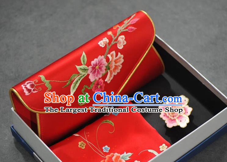 Chinese Traditional Suzhou Embroidery Accessories Embroidered Red Silk Scarf and Handbag Brooch