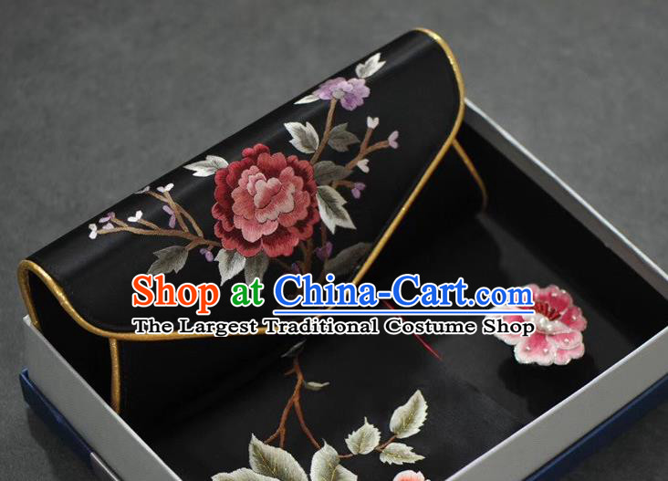 Gift Package Embroidered Black Silk Scarf Handbag and Brooch Chinese Suzhou Embroidery Peony Cheongsam Accessories