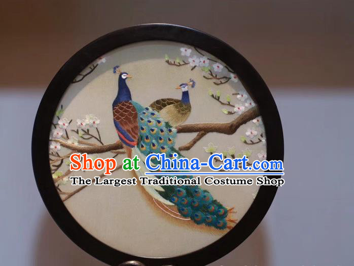 China Handmade Double Side Embroidery Peacock Desk Screen Traditional Craft Rosewood Carving Table Decoration