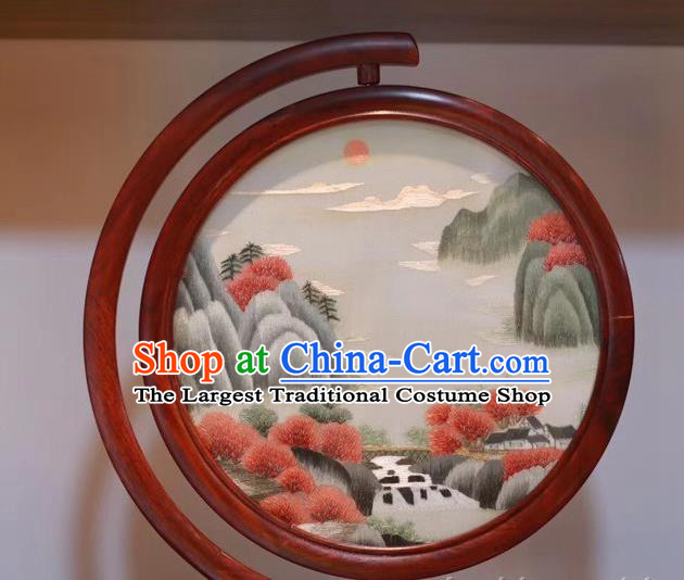 Traditional China Table Decoration Embroidered Landscape Painting Desk Screen Handmade Embroidery Rosewood Craft