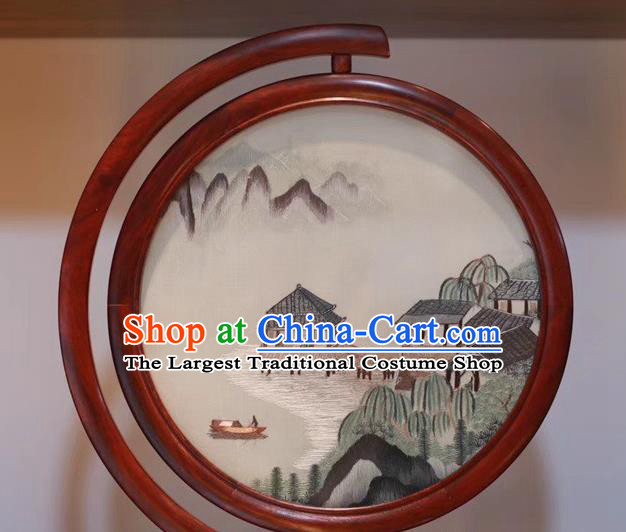 Traditional China Handmade Embroidery Rosewood Craft Table Decoration Embroidered Waterside Pavilion Painting Desk Screen