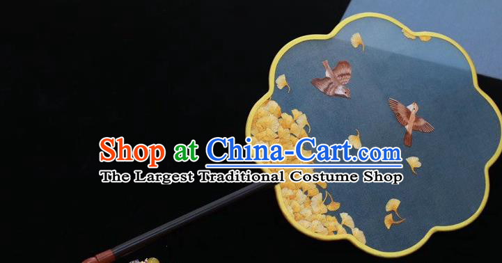 China Embroidery Ginkgo Birds Fan Handmade Classical Dance Silk Fan Traditional Embroidered Palace Fan