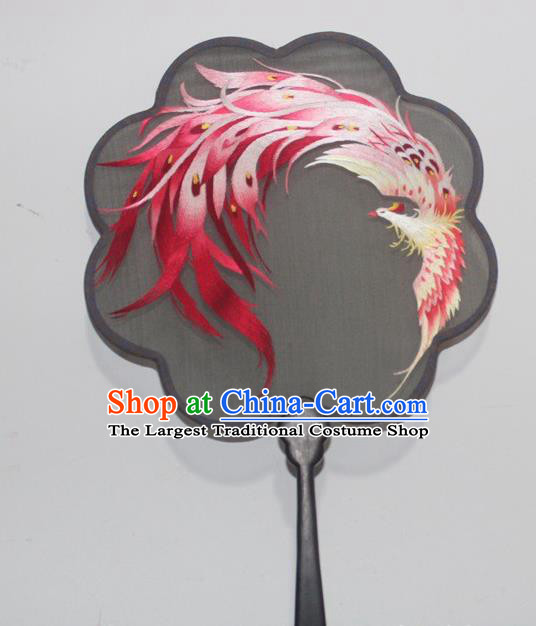 China Handmade Rosewood Double Side Embroidery Palace Fan Traditional Embroidered Phoenix Black Silk Fan