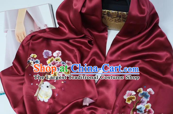 Chinese Wine Red Silk Tippet Accessories Cheongsam Embroidery Osmanthus Rabbit Cappa Traditional Embroidered Scarf