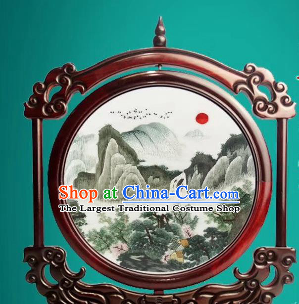 China Traditional Double Side Embroidery Mountain Craft Handmade Rosewood Decoration Suzhou Exquisite Embroidered Desk Screen