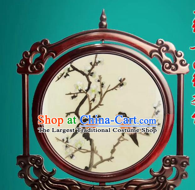 China Traditional Double Side Exquisite Embroidery Craft Handmade Rosewood Decoration Suzhou Embroidered Plum Blossom Desk Screen