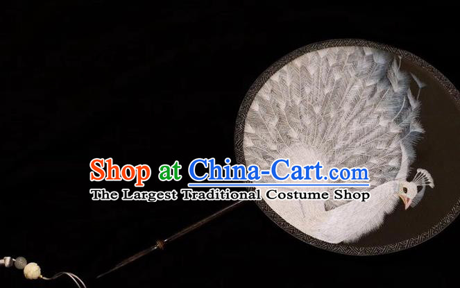 China Handmade Suzhou Embroidery Palace Fan Dance Double Side Fan Traditional Embroidered White Peacock Silk Fans