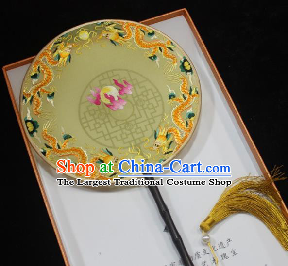 China Handmade Suzhou Embroidery Dragons Fan Embroidered Palace Fan Traditional Hanfu Yellow Silk Fan Round Fan