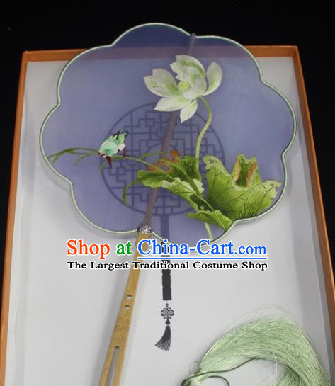China Handmade Suzhou Embroidery Lotus Palace Fan Embroidered Dance Fan Traditional Hanfu Fan Blue Silk Fan