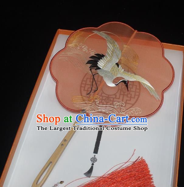 China Traditional Court Hanfu Fan Handmade Red Silk Fan Suzhou Embroidered Fan Embroidery Crane Palace Fan