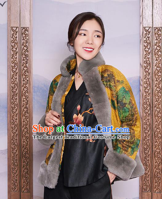 Chinese Women Winter Outer Garment Yellow Watered Gauze Coat Traditional National Clothing Jacket