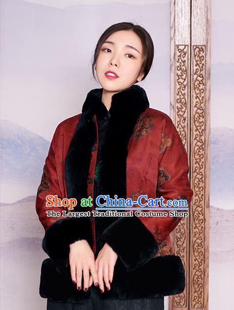 Chinese Purplish Red Watered Gauze Jacket Women Coat Traditional National Clothing Winter Outer Garment