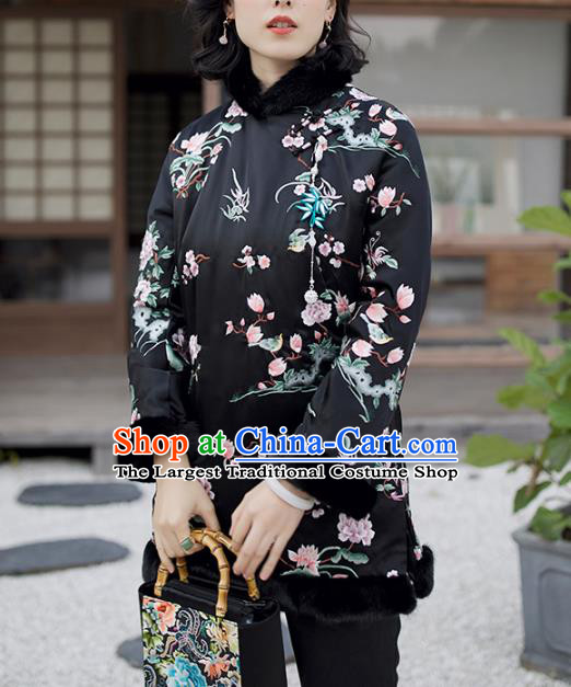 Chinese Black Satin Jacket Traditional National Clothing Winter Outer Garment Women Embroidered Cotton Wadded Coat