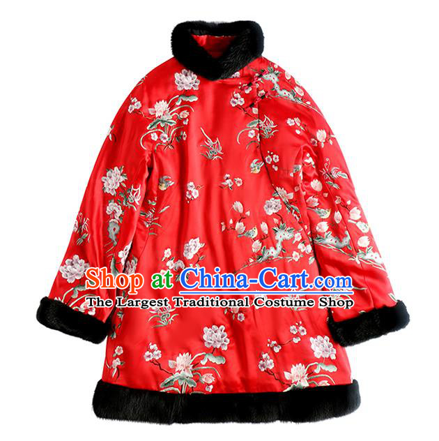 Chinese Traditional National Clothing Winter Outer Garment Women Embroidered Cotton Wadded Coat Red Satin Jacket