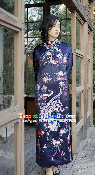 Traditional China Classical Phoenix Pattern Navy Watered Gauze Qipao Dress National Clothing Embroidered Cheongsam for Women