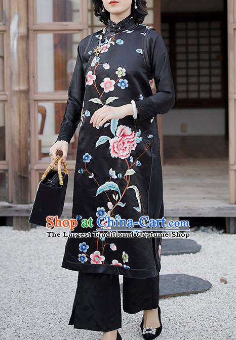 Traditional China Embroidered Vest Cheongsam Classical Peony Pattern Black Satin Qipao Dress National Clothing for Women