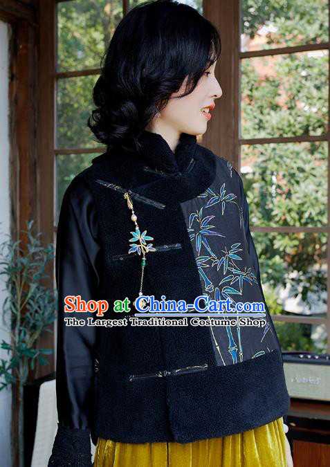 Traditional China Embroidered Bamboo Black Waistcoat Classical Cheongsam Vest National Female Clothing