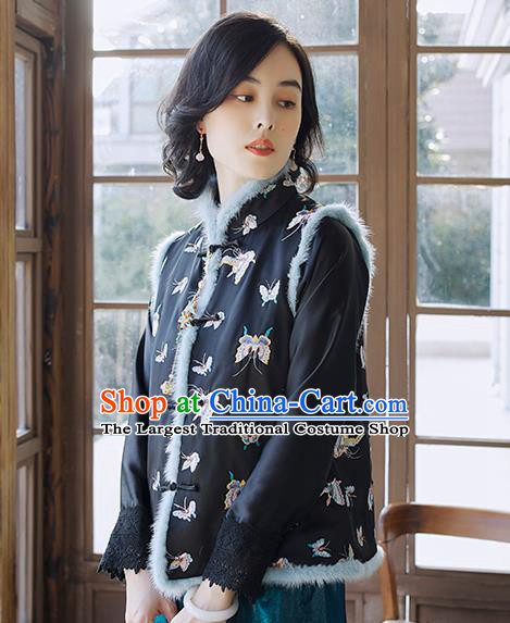 Traditional Embroidered Butterfly Waistcoat National Female Clothing China Classical Cheongsam Black Cotton Padded Vest