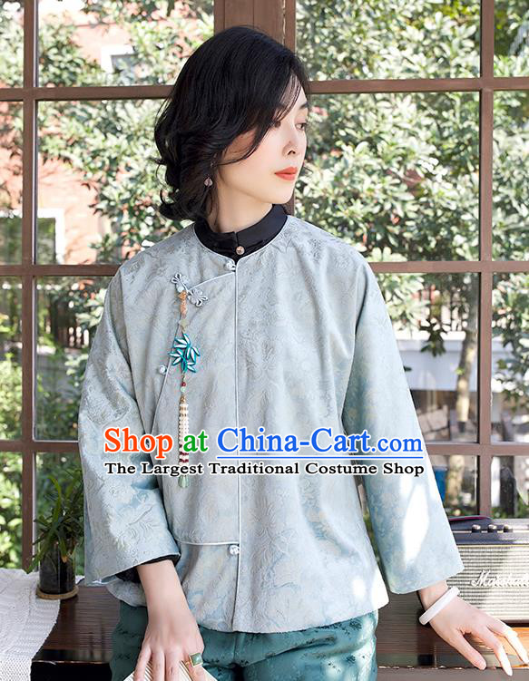 Chinese Traditional Blue Jacquard Short Coat Outer Garment National Clothing Women Jacket