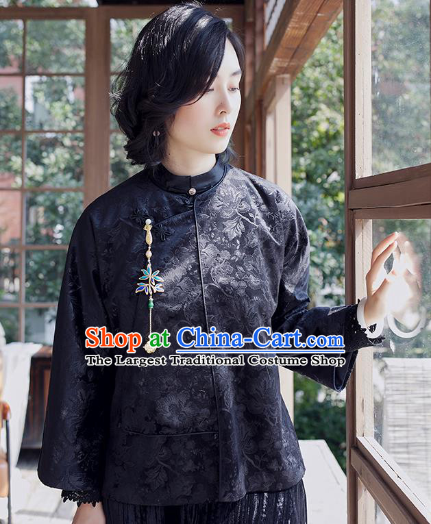 Chinese Traditional Outer Garment National Clothing Women Jacket Black Jacquard Short Coat