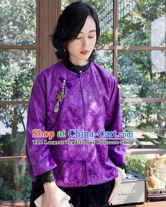 Chinese National Clothing Women Jacket Purple Jacquard Short Coat Traditional Outer Garment