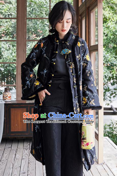 Chinese Embroidered Black Satin Dust Coat National Clothing Traditional Outer Garment Women Cotton Wadded Coat