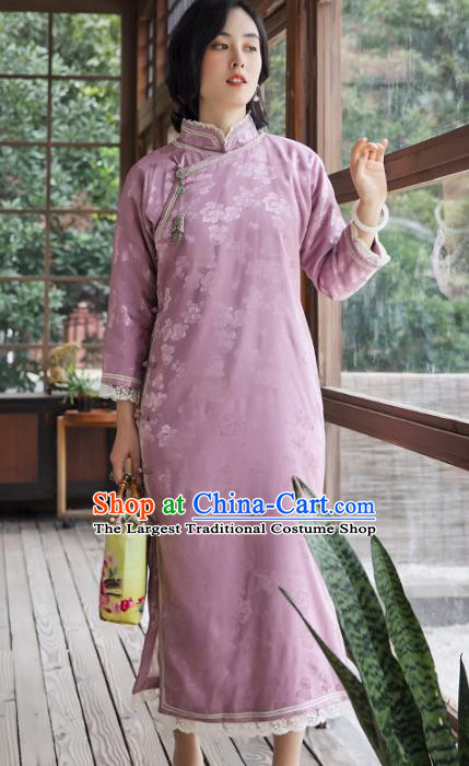 China Classical Lilac Silk Lace Cheongsam Traditional National Female Clothing Women Qipao Dress