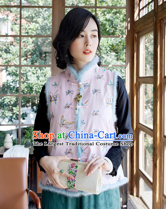 Traditional China Classical Cheongsam Pink Cotton Padded Vest Embroidered Butterfly Waistcoat National Female Clothing