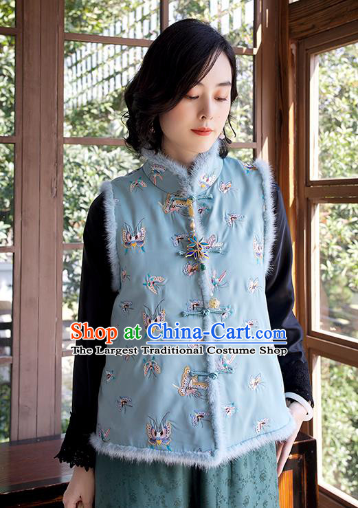 Traditional National Female Clothing China Classical Cheongsam Green Cotton Padded Vest Embroidered Butterfly Waistcoat