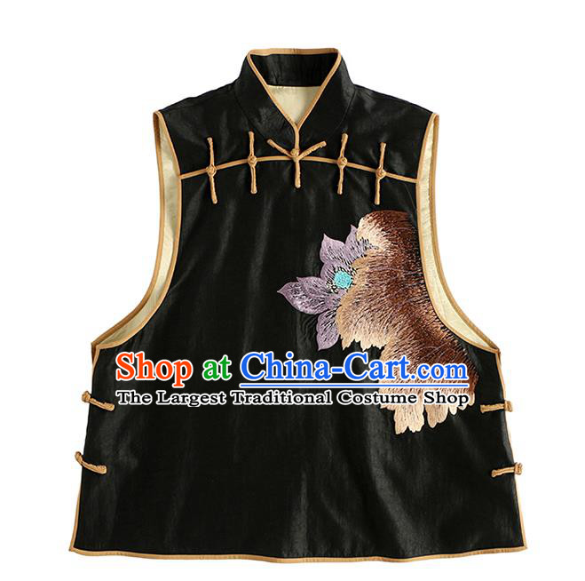 China National Clothing Traditional Cheongsam Vest Embroidered Black Silk Waistcoat for Women