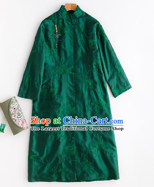 Chinese Winter Deep Green Cotton Padded Coat Traditional National Clothing Women Embroidered Coat Outer Garment