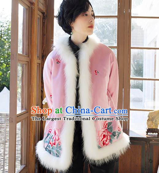 Chinese Winter Cotton Padded Jacket Traditional National Clothing Women Outer Garment Embroidered Pink Silk Coat