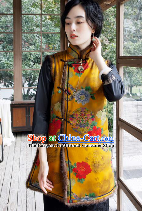 China National Clothing Traditional Cheongsam Winter Vest Yellow Watered Gauze Cotton Wadded Waistcoat for Women