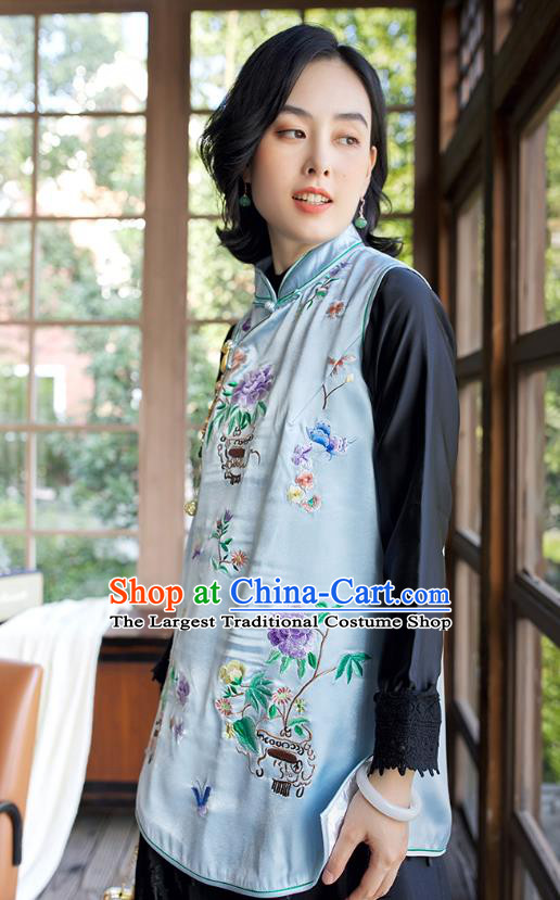 Traditional Embroidered Cheongsam Vest China National Clothing Light Blue Satin Waistcoat for Women