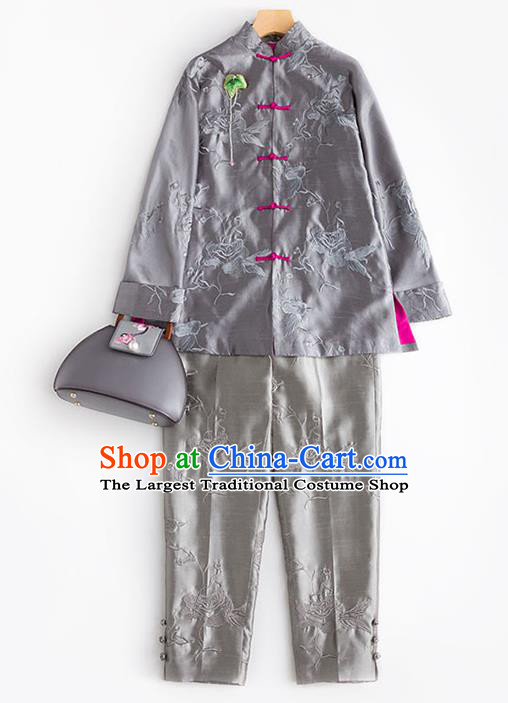 Chinese Embroidered Grey Silk Coat Traditional National Clothing Women Outer Garment Embroidery Jacket