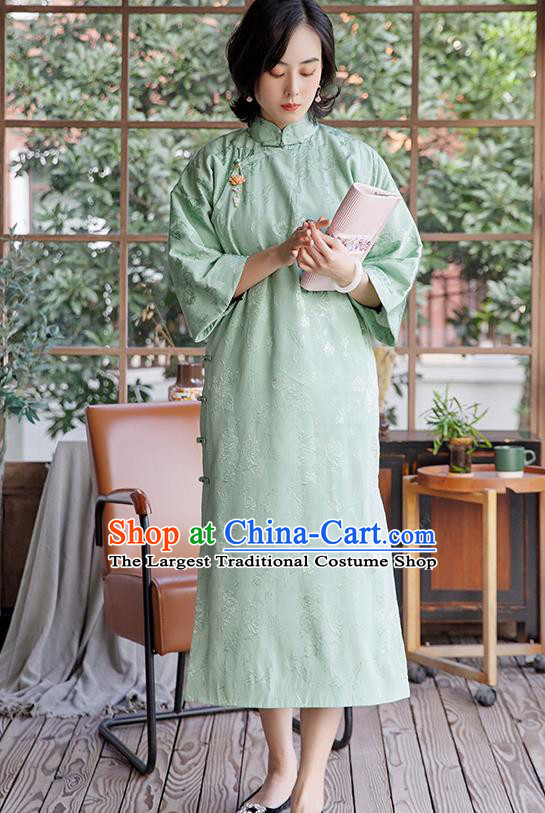 China Classical Light Green Cheongsam Traditional Women Silk Qipao Dress National Female Clothing