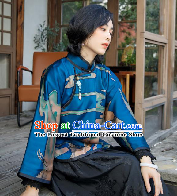 Chinese Deep Blue Cotton Padded Coat National Clothing Traditional Outer Garment Women Silk Jacket